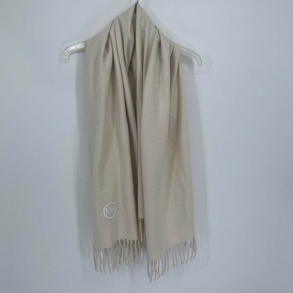 Michael Kors Women's Beige Fringe Embroidered Logo Rectangle Wrap Scarf One Size